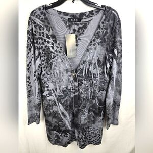 NWT B.L.E.U. Gray Leopard Print   One Button Long Sleeve Jeweled Cardigan Sz L